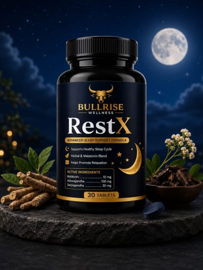 Bullrise Wellness RestX – Advanced Sleep Support Formula | Melatonin, Ashwagandha & Sarpagandha | 30 Tablets